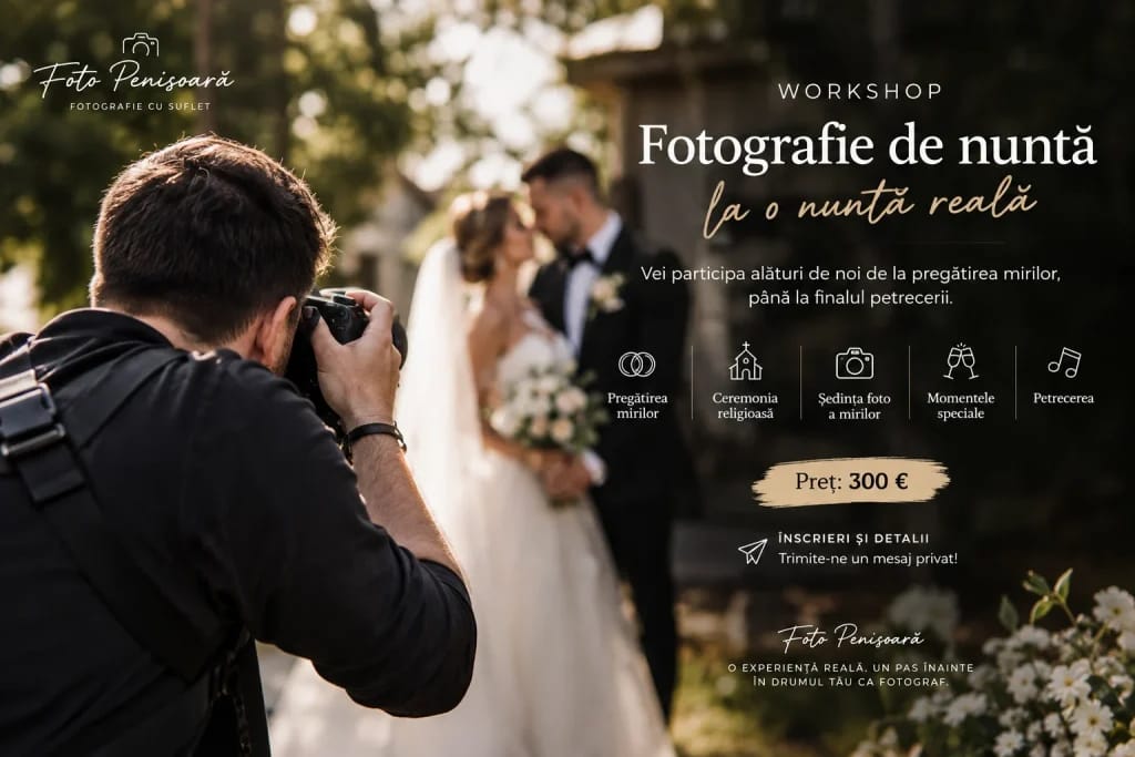 Workshop fotografie de nuntă la o nuntă reală – învață fotografia de eveniment alături de Foto Penișoară